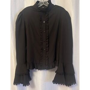 Victorian Gothic Black Bell Sleeve Womens Blouse Size Large High Collar Ruffled